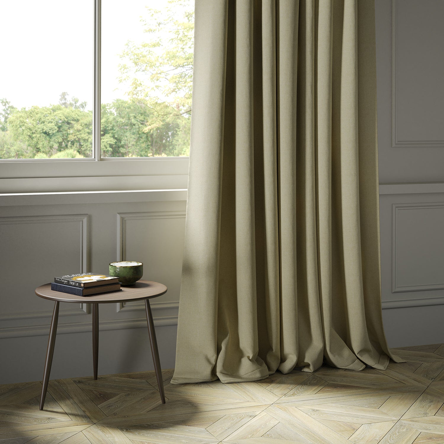 Curtains in a luxury Scottish beige wool herringbone fabric