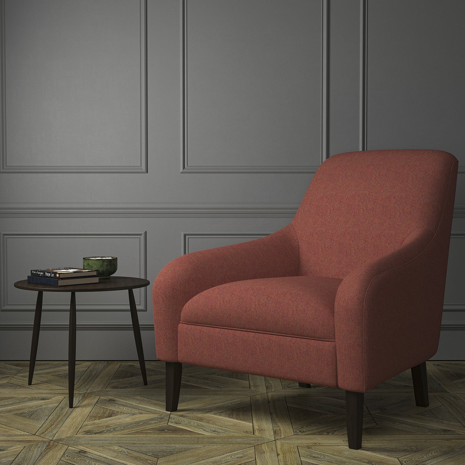 Chair upholstered in a terracotta Scottish wool herringbone fabric