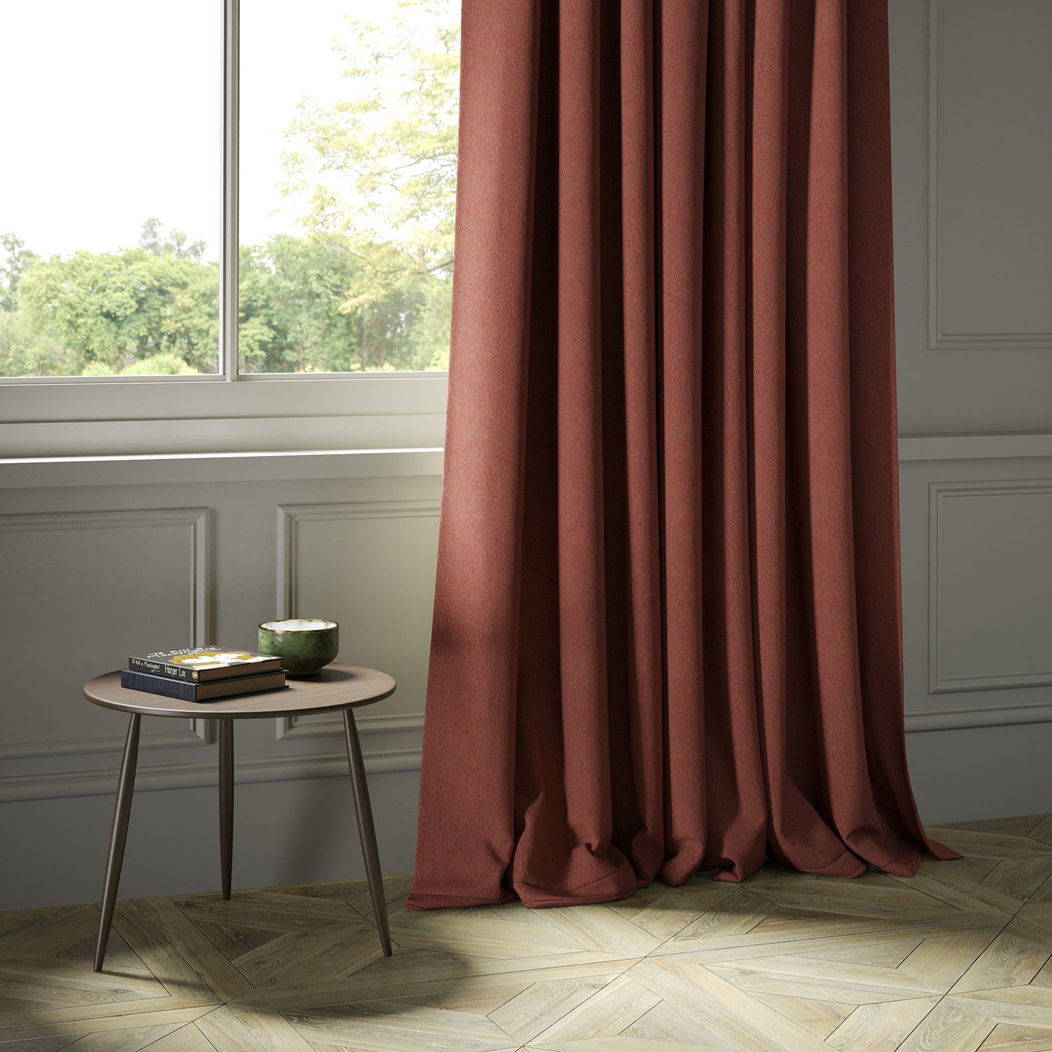 Curtains in a terracotta Scottish wool herringbone fabric