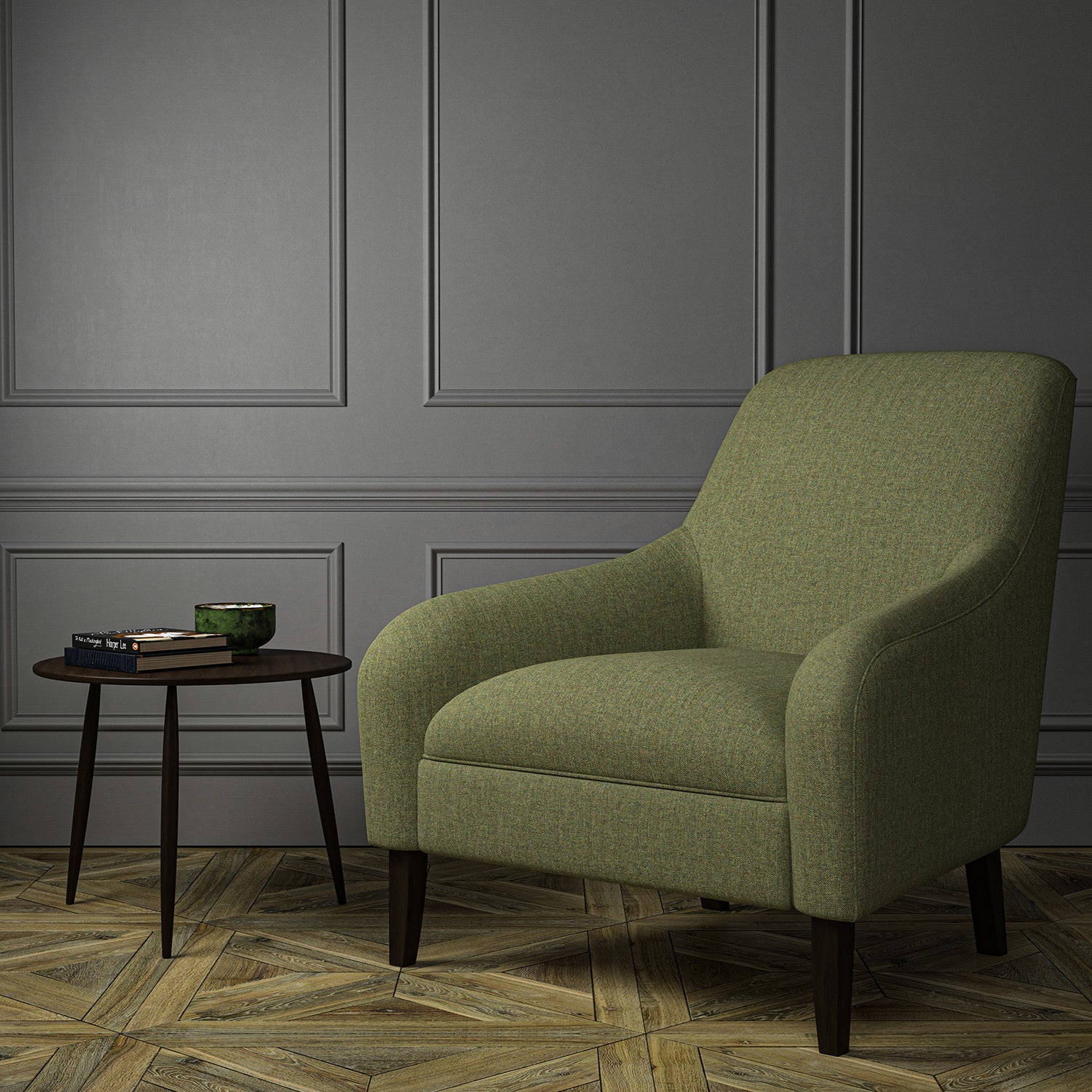 Chair upholstered in a dark green Scottish wool herringbone fabric