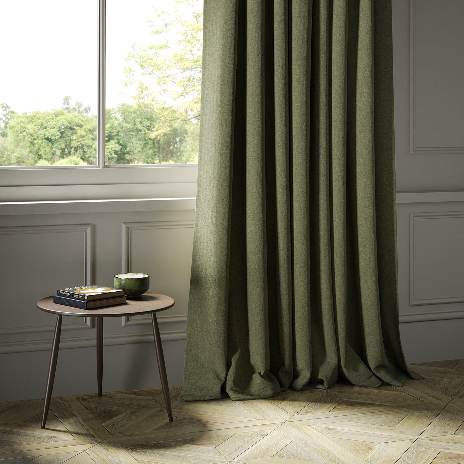 Curtains in a dark green Scottish wool herringbone fabric