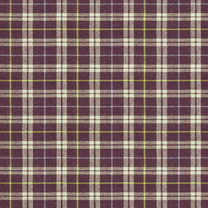 Fabric swatch of a purple Scottish wool plaid check fabric for curtains and upholstery
