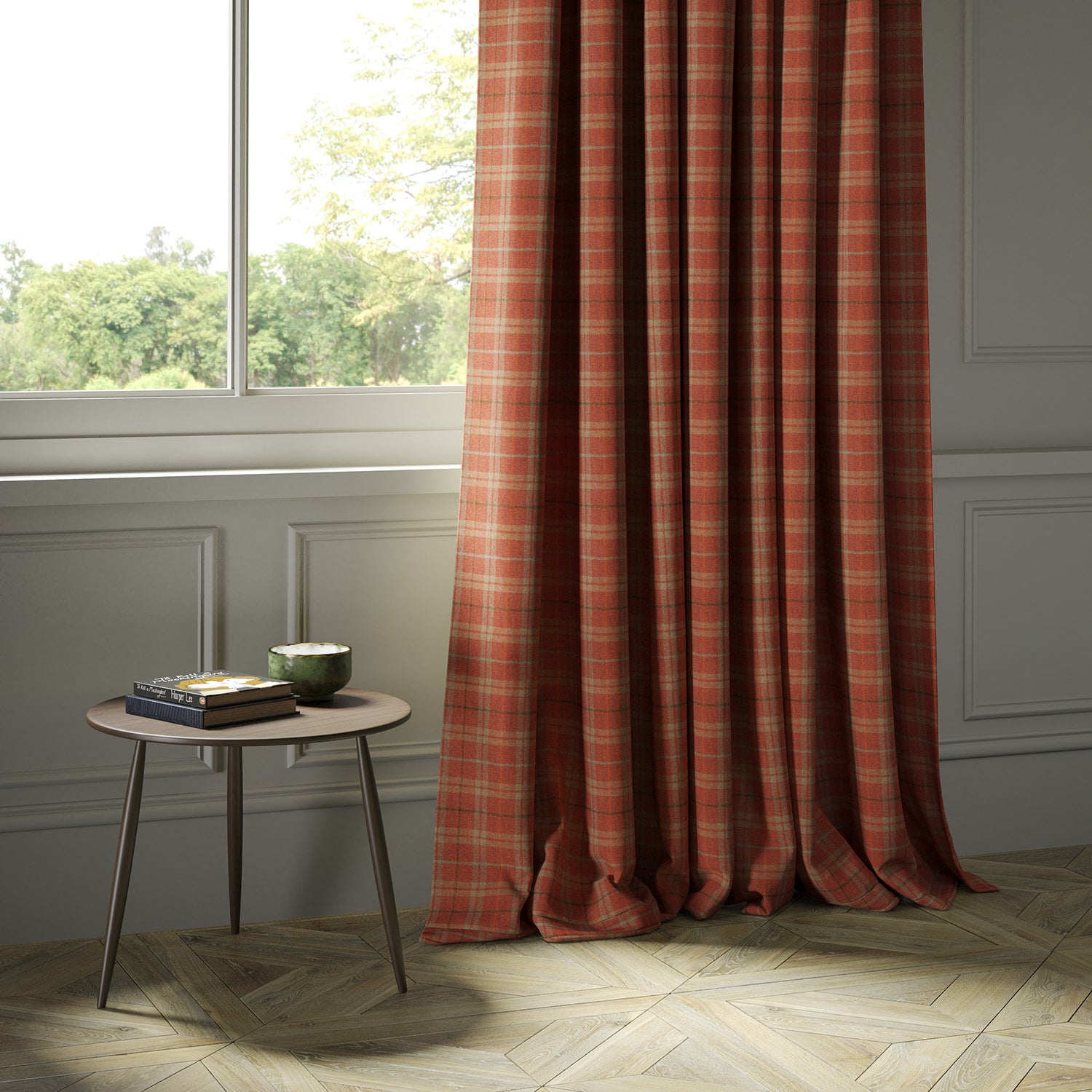 Curtains in a red Scottish wool plaid check fabric