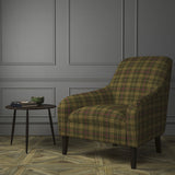 Chair upholstered in a brown Scottish wool plaid check fabric