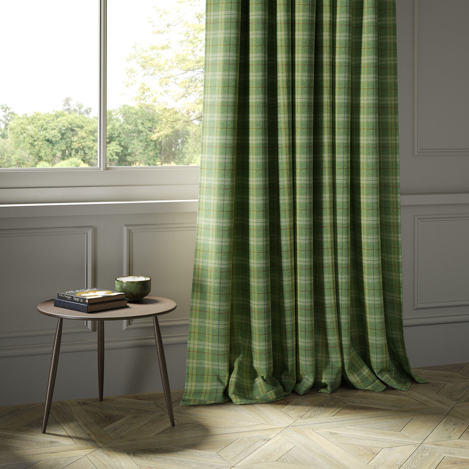 Curtains in a green Scottish wool plaid check fabric
