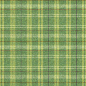 Fabric swatch of a green Scottish wool plaid check fabric for curtains and upholstery
