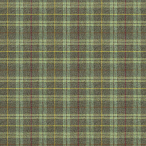Fabric swatch of a green Scottish wool plaid check fabric for curtains and upholstery