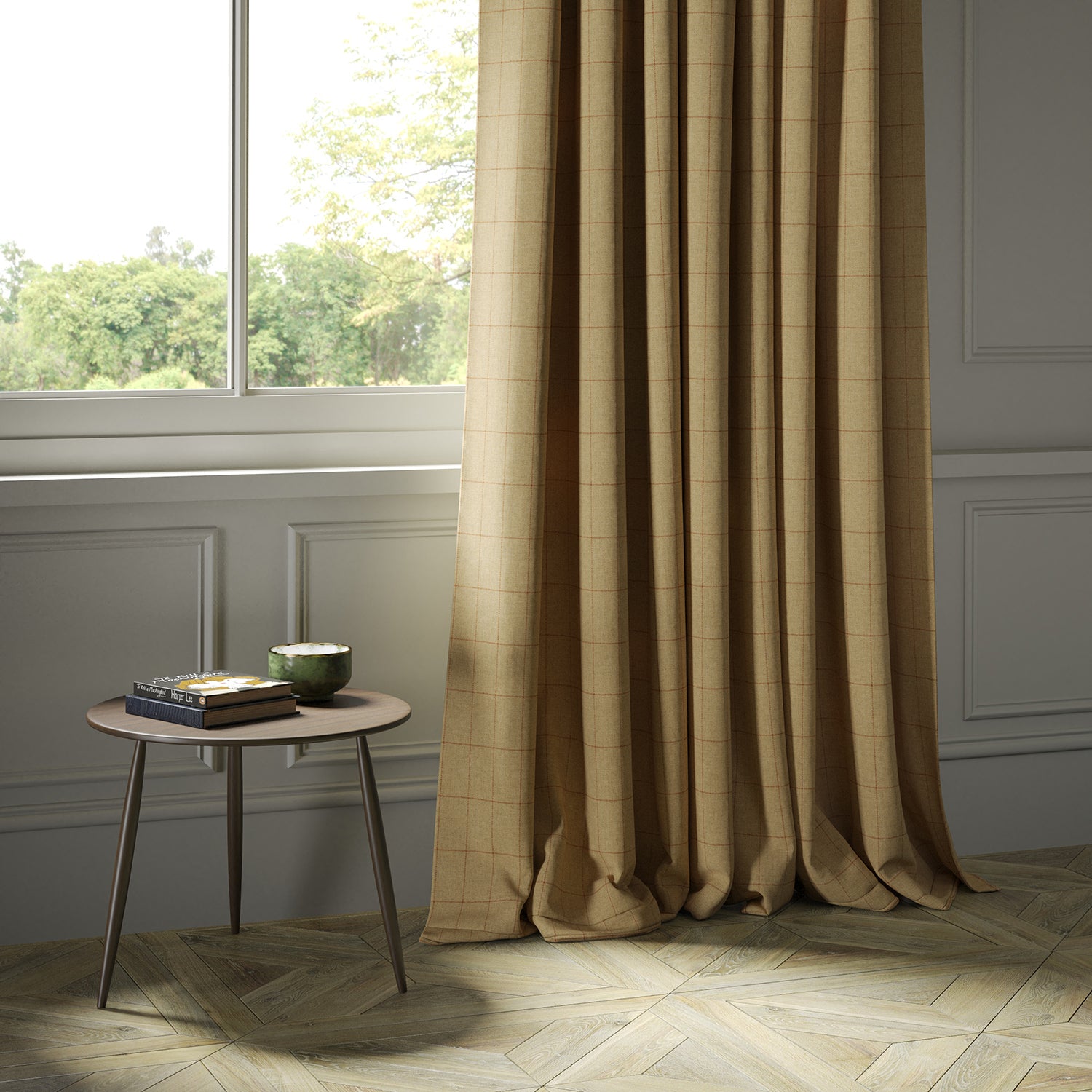 Curtains in a beige Scottish wool windowpane check fabric