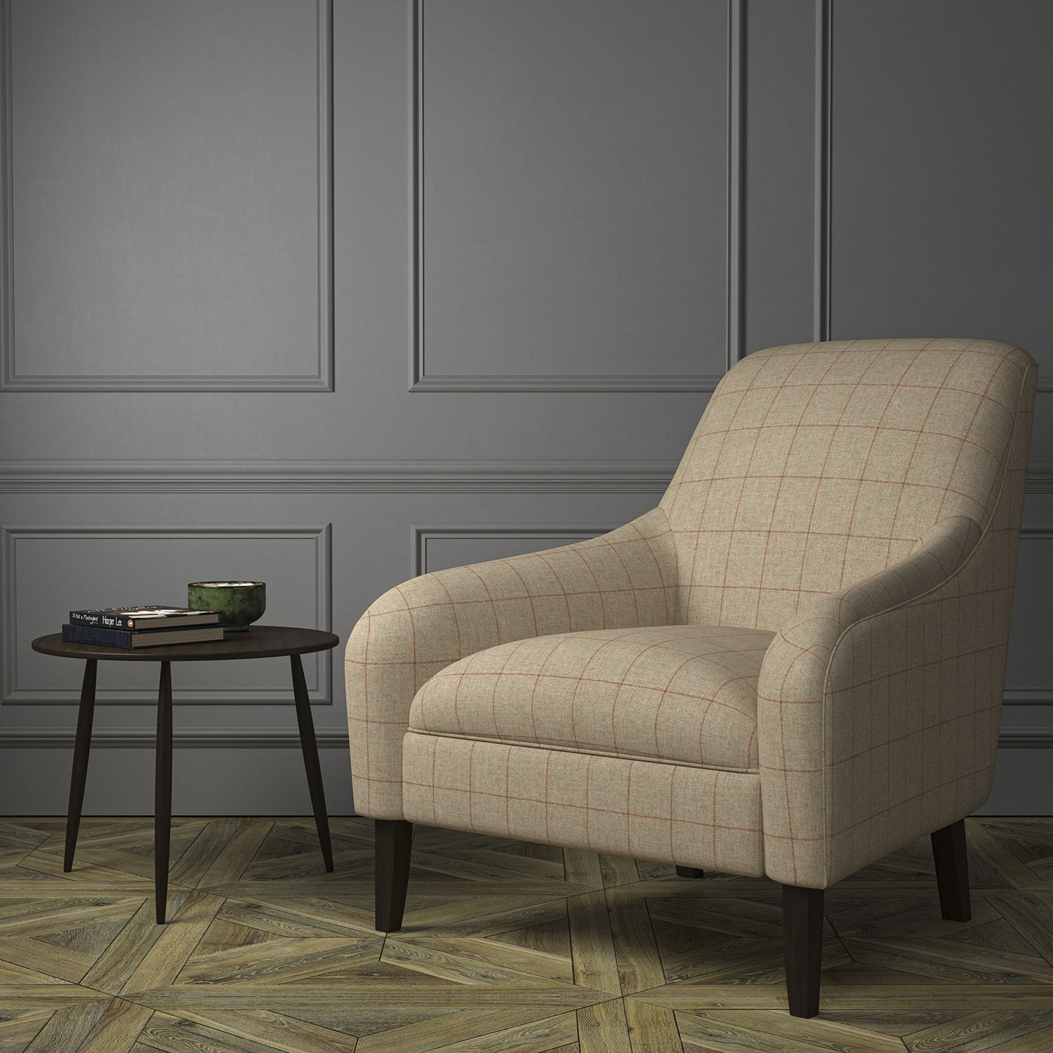 Chair upholstered in a taupe Scottish wool windowpane check fabric
