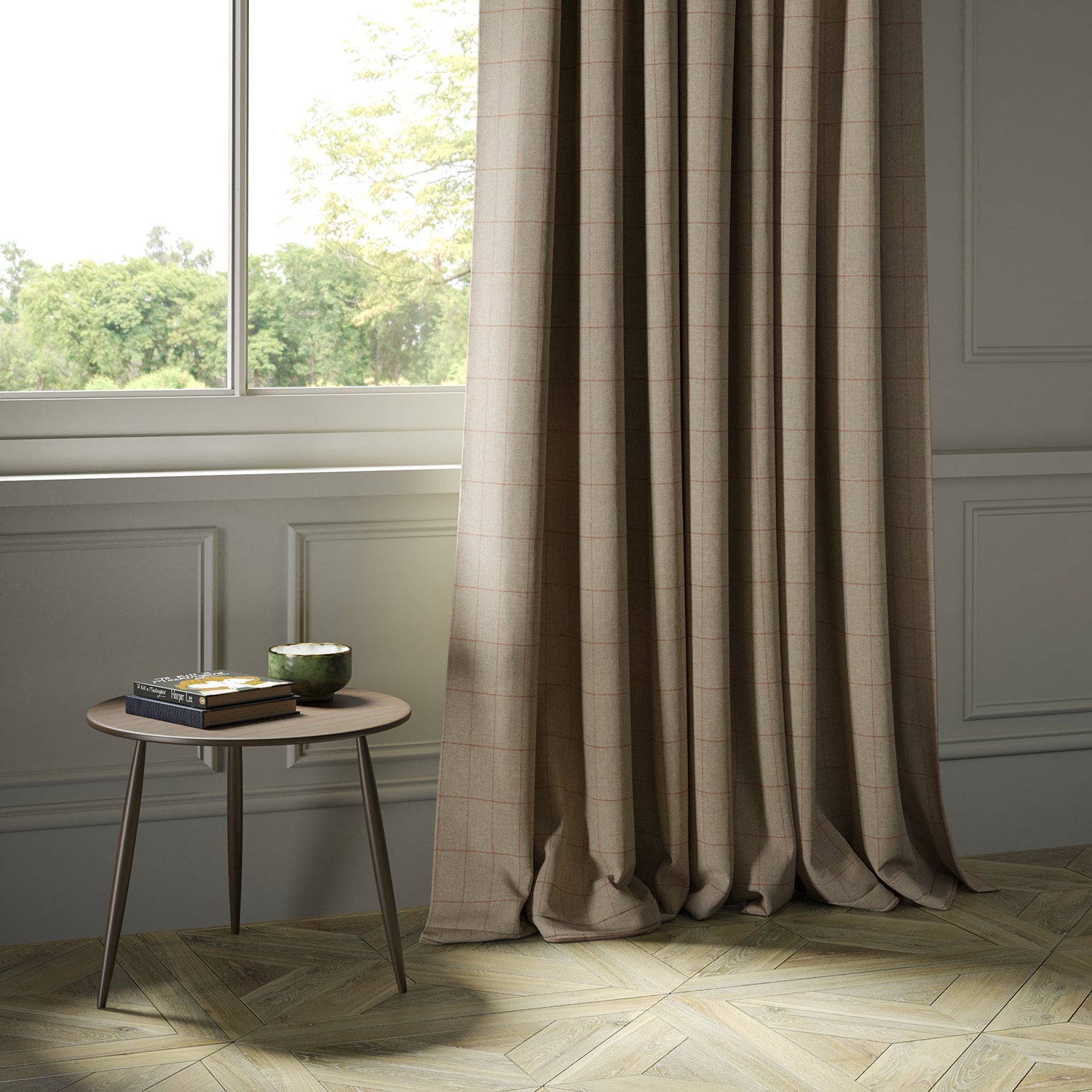 Curtains in a taupe Scottish wool windowpane check fabric