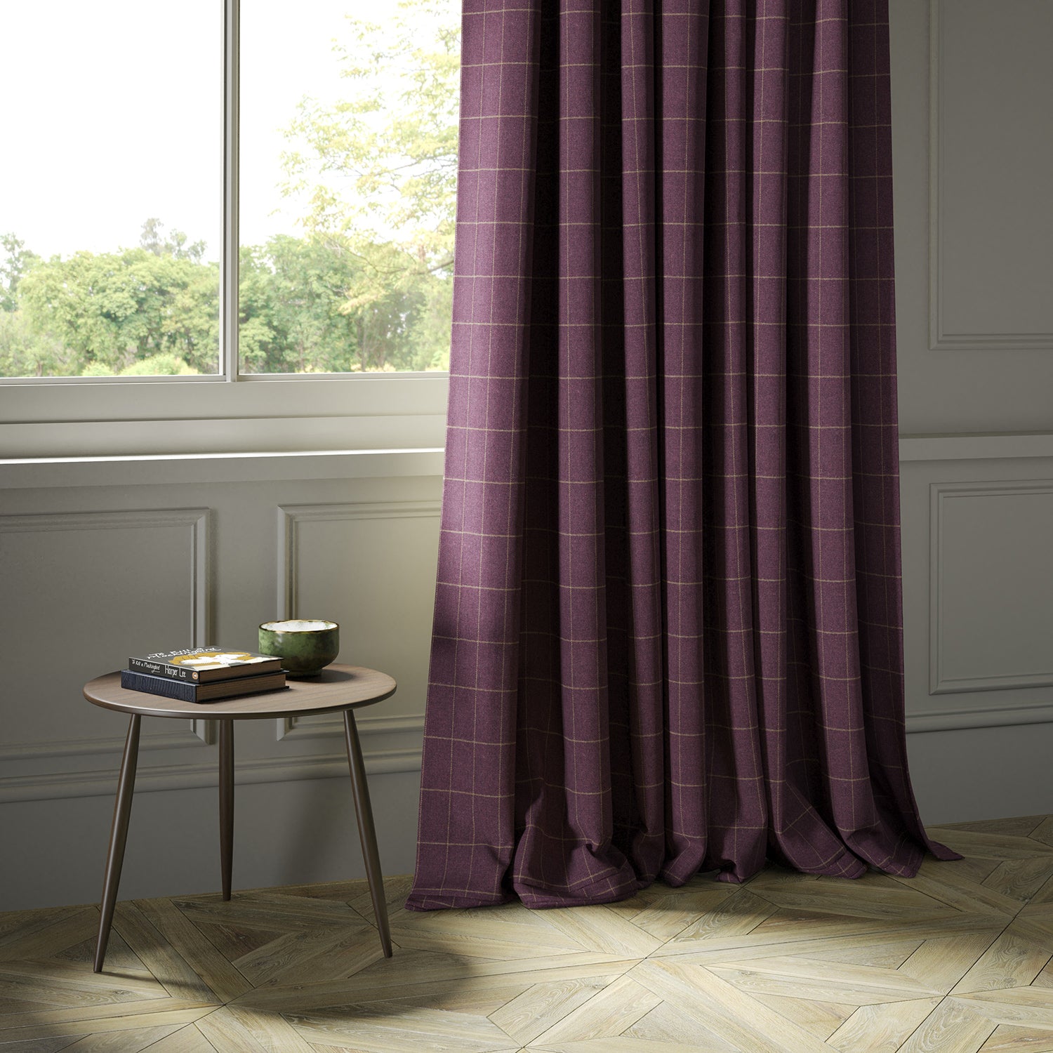Curtains in a purple Scottish wool windowpane check fabric