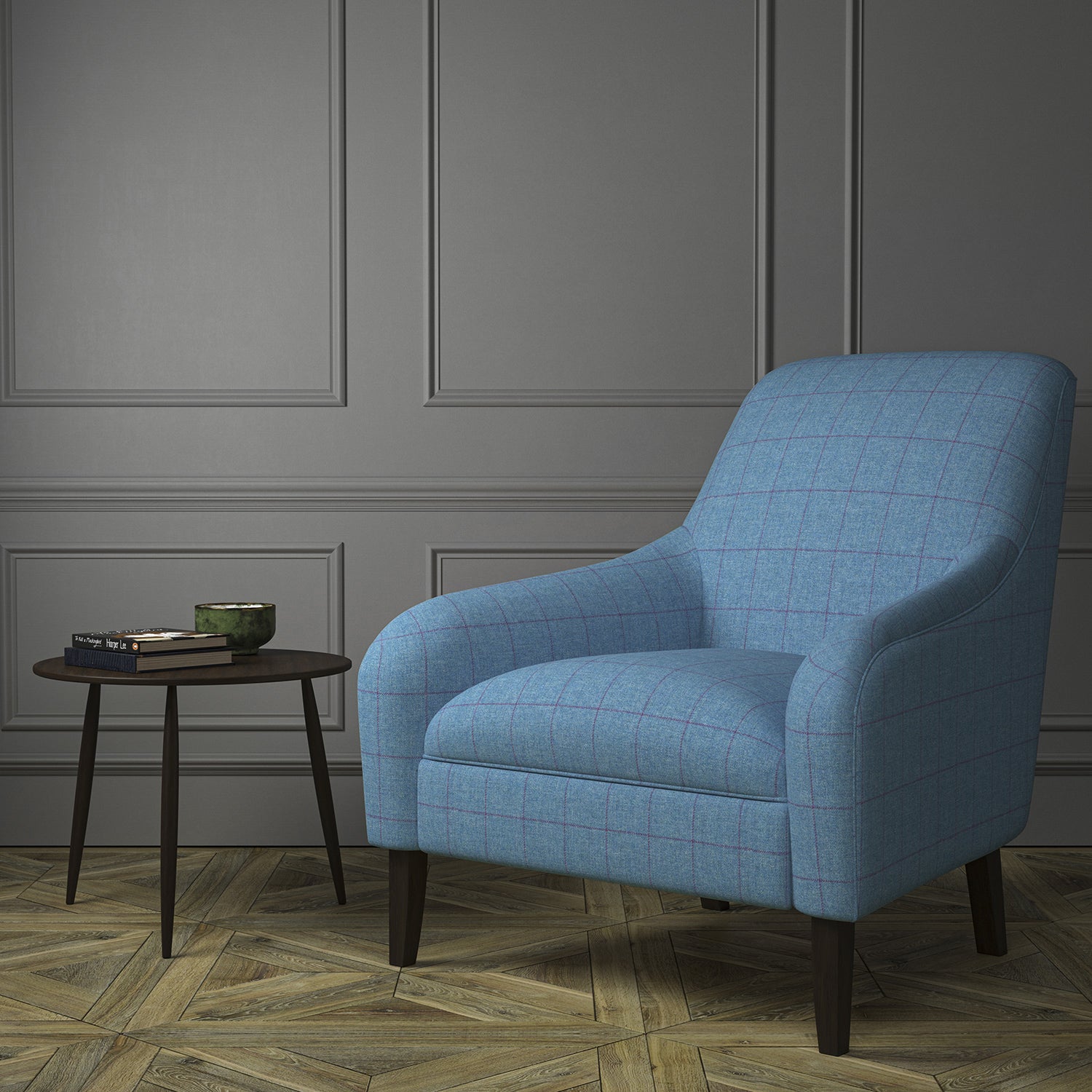 Chair upholstered in a blue Scottish wool windowpane check fabric
