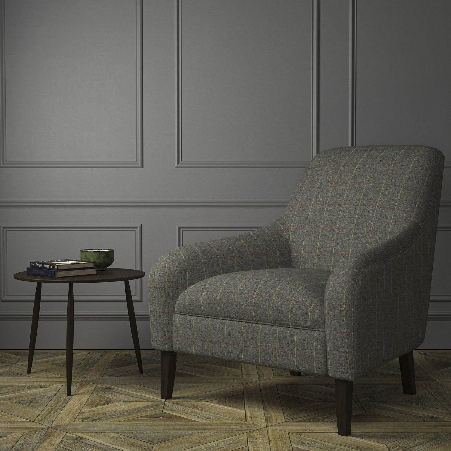 Chair upholstered in a grey Scottish wool windowpane check fabric
