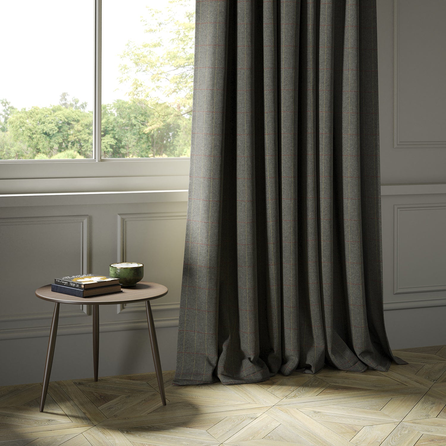 Curtains in a grey Scottish wool windowpane check fabric