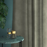 Grey velvet curtains with a stain resistant finish