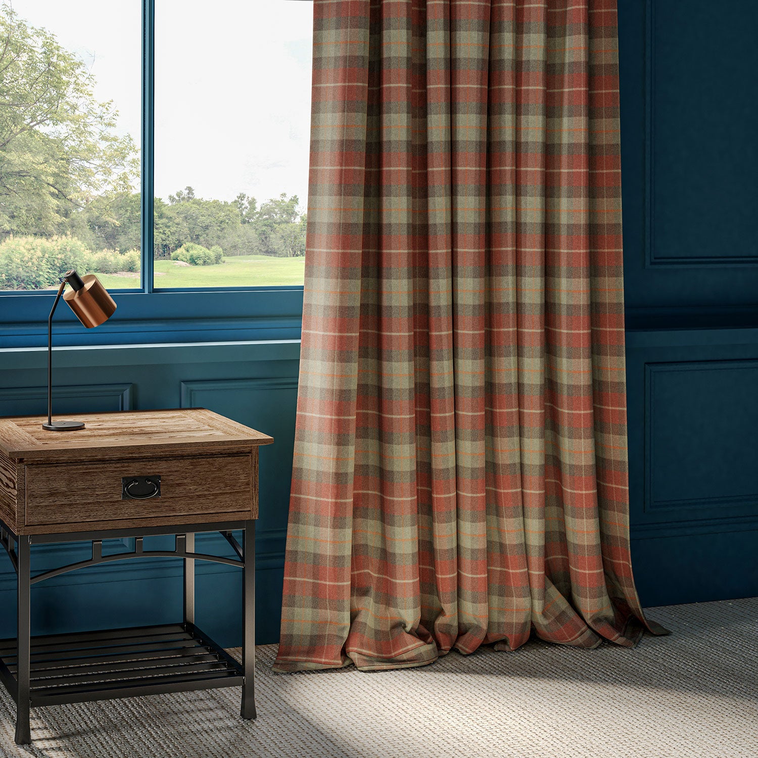 Wool curtains with a red and green check design.