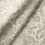 Fabric swatch of a lilac vintage inspired floral and leaf design fabric for curtains and upholstery