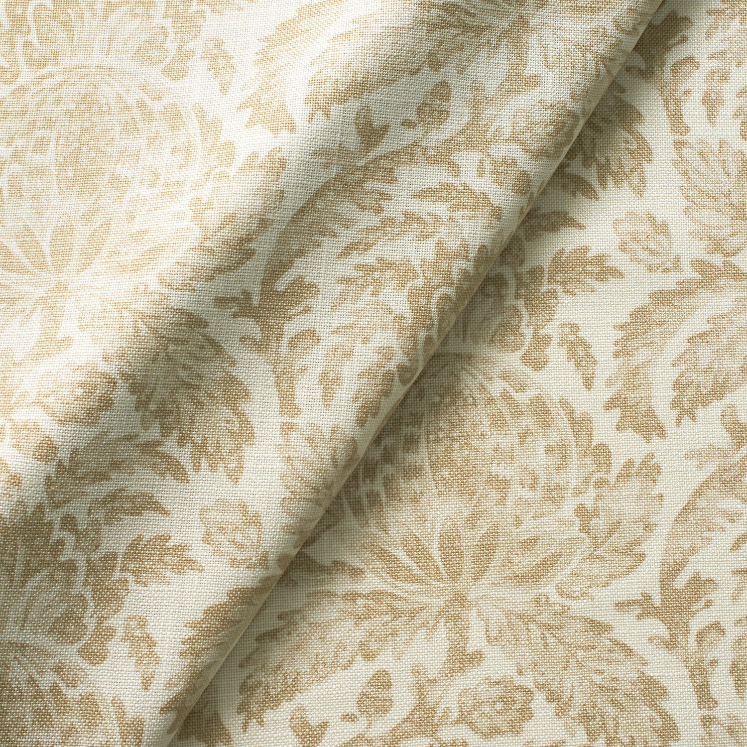Fabric swatch of a light yellow vintage inspired floral and leaf design fabric for curtains and upholstery