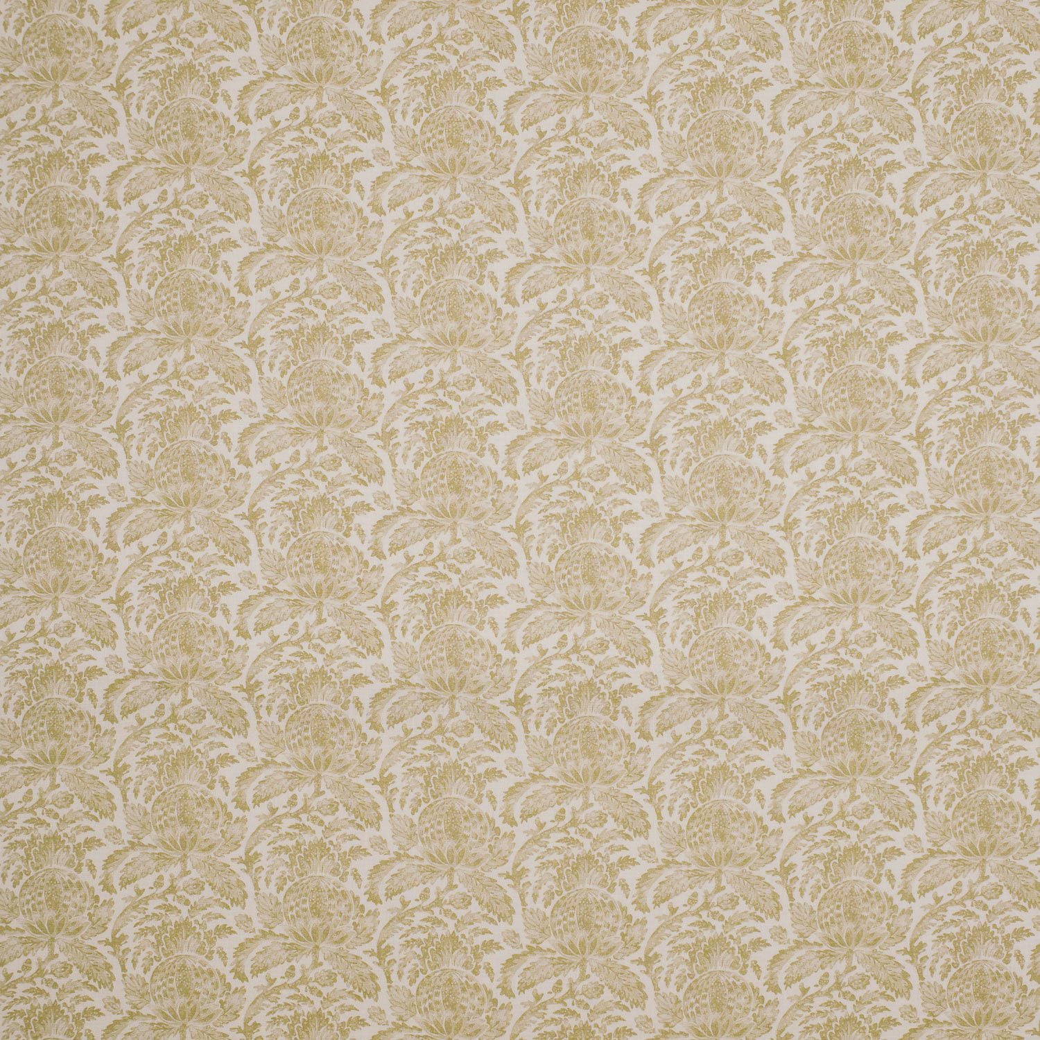 Fabric swatch of a light yellow vintage inspired floral and leaf design fabric for curtains and upholstery