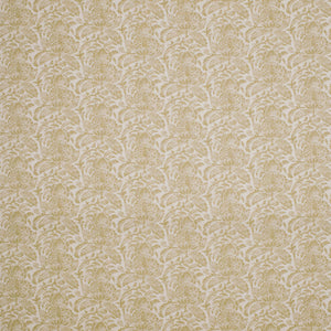 Fabric swatch of a light yellow vintage inspired floral and leaf design fabric for curtains and upholstery