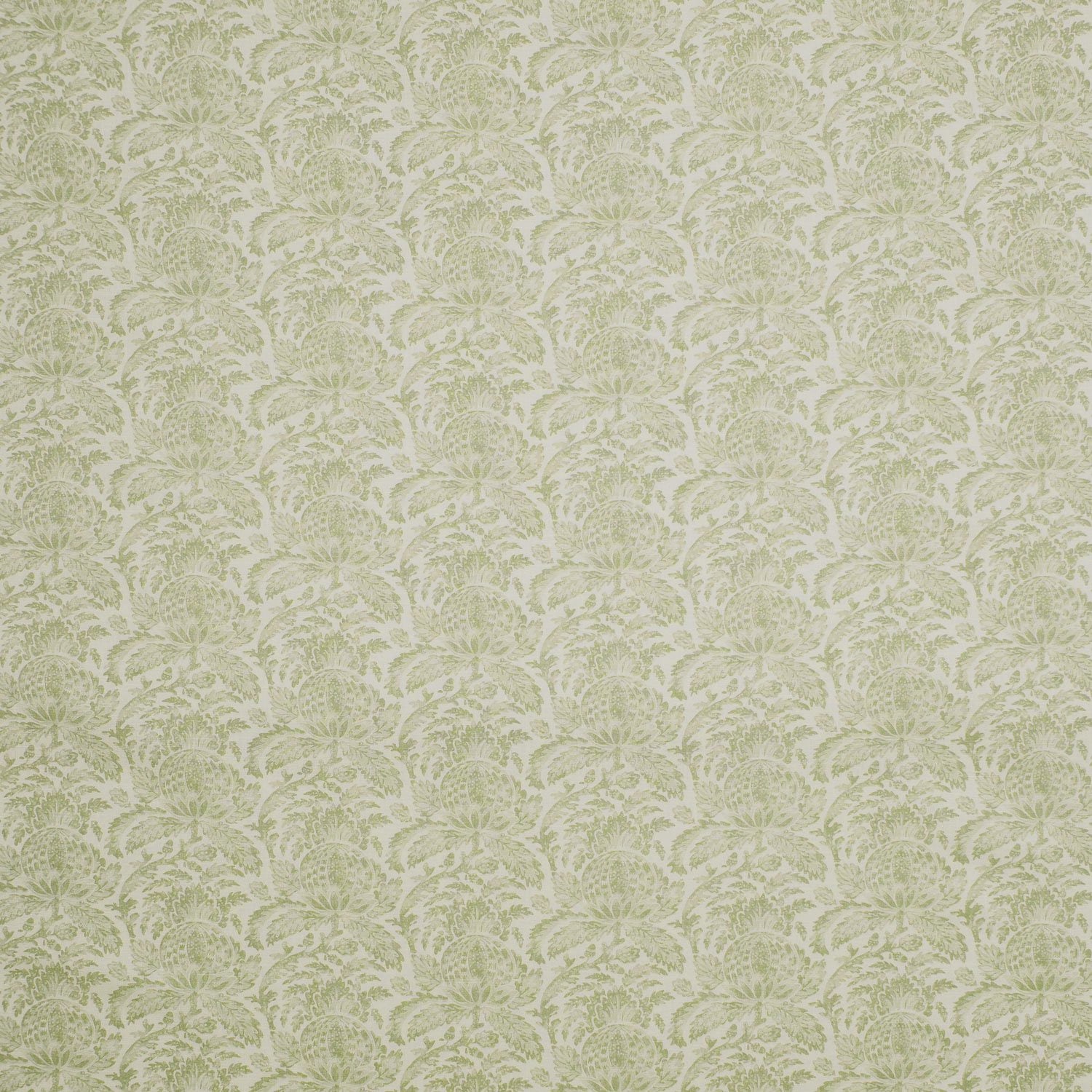 Fabric swatch of a light green vintage inspired floral and leaf design fabric for curtains and upholstery