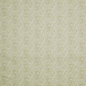 Fabric swatch of a light green vintage inspired floral and leaf design fabric for curtains and upholstery