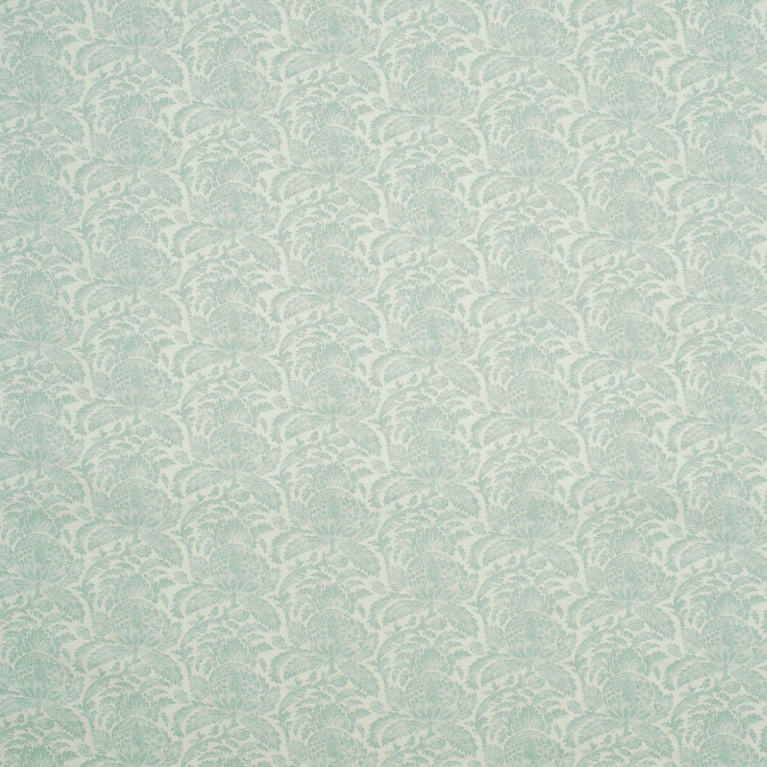 Fabric swatch of a duck egg vintage inspired floral and leaf design fabric for curtains and upholstery