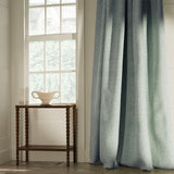 Curtains in a classic duck egg floral and leaf fabric