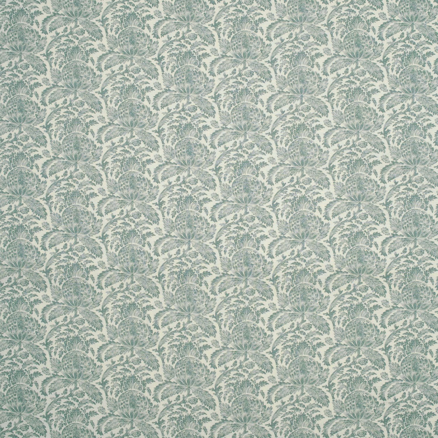 Fabric swatch of a dusky blue vintage inspired floral and leaf design fabric for curtains and upholstery