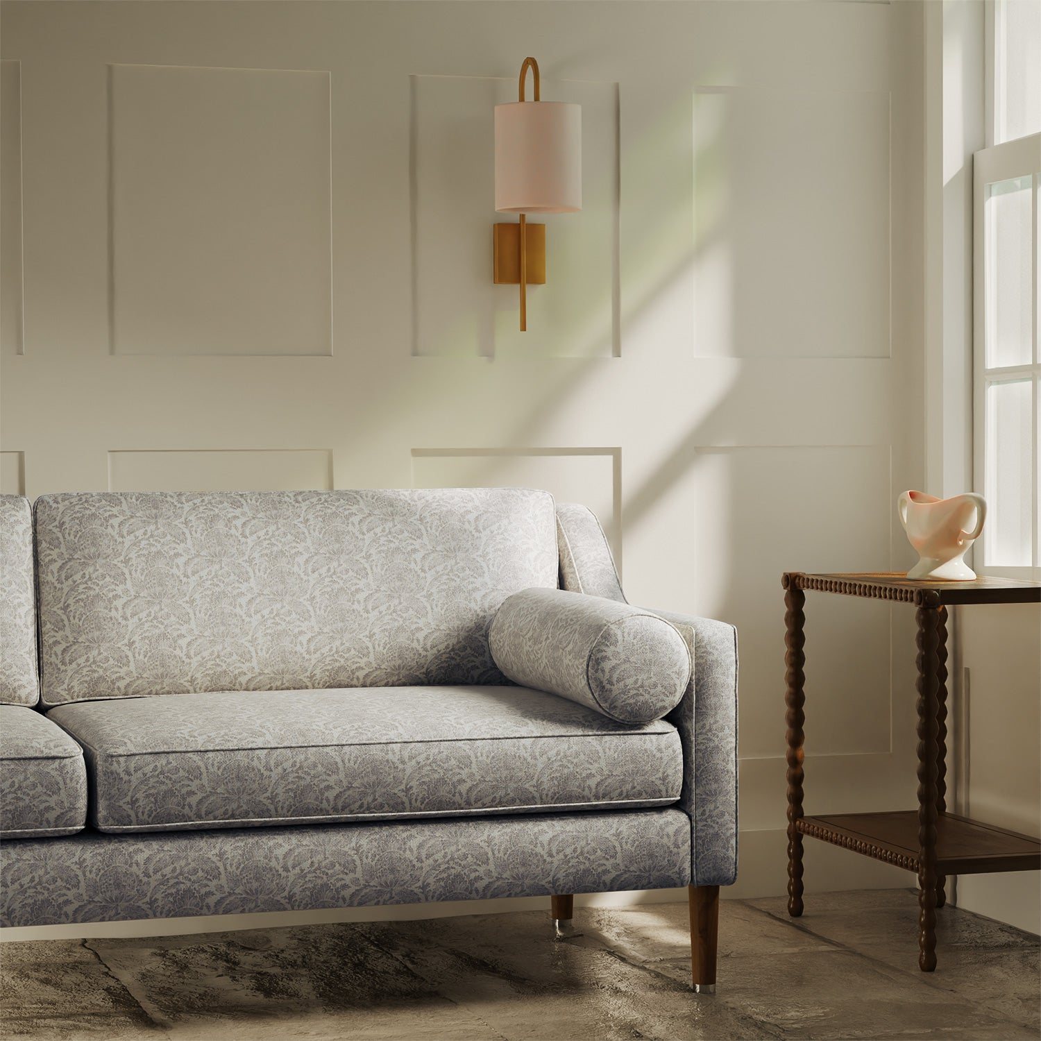 Sofa upholstered in a luxury lilac floral and leaf fabric