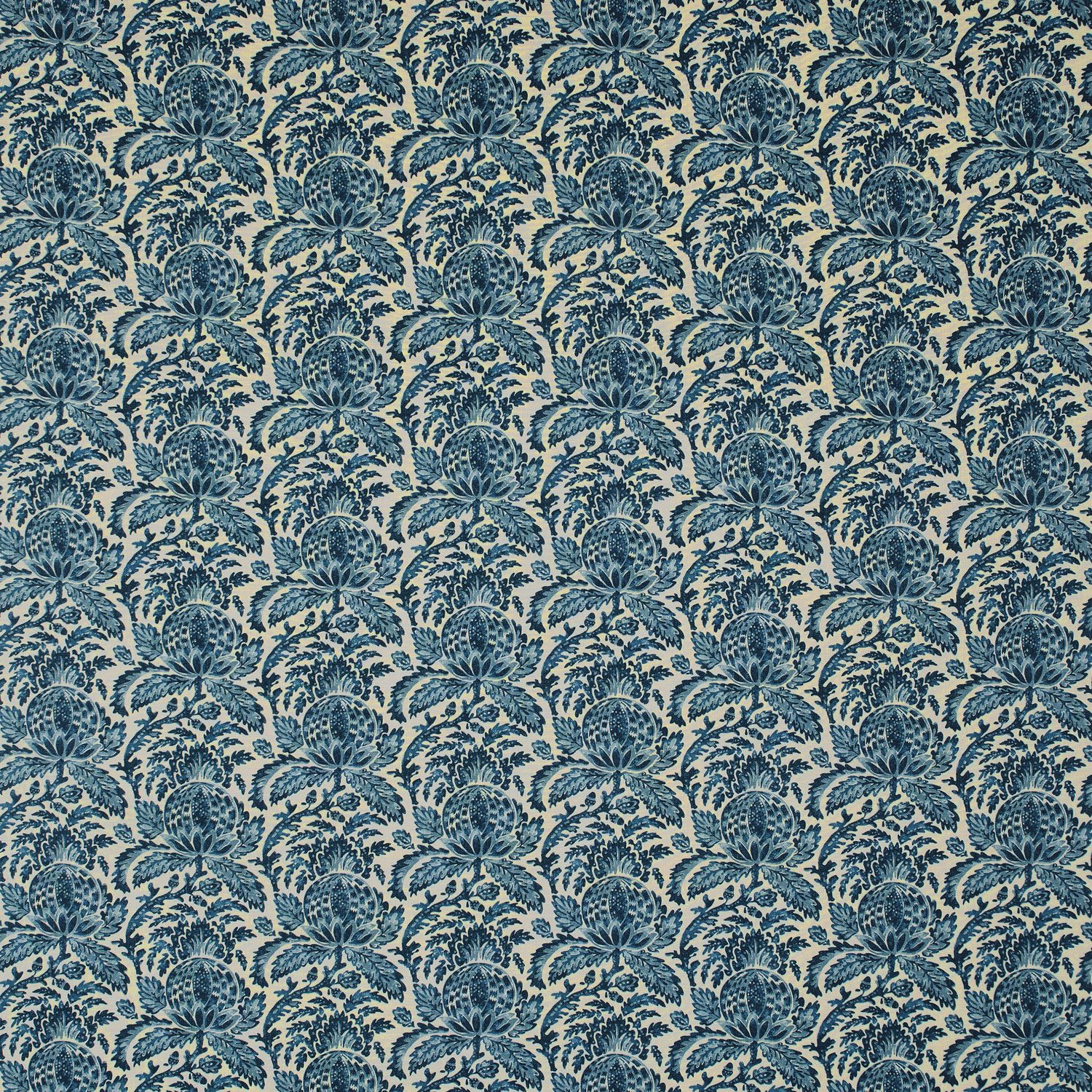Fabric swatch of a blue vintage inspired floral and leaf design fabric for curtains and upholstery