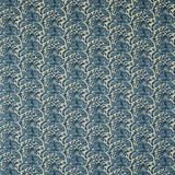 Fabric swatch of a blue vintage inspired floral and leaf design fabric for curtains and upholstery
