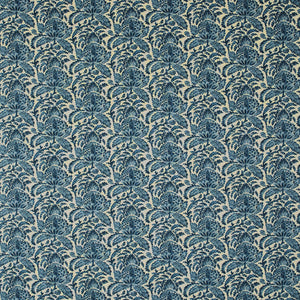 Fabric swatch of a blue vintage inspired floral and leaf design fabric for curtains and upholstery