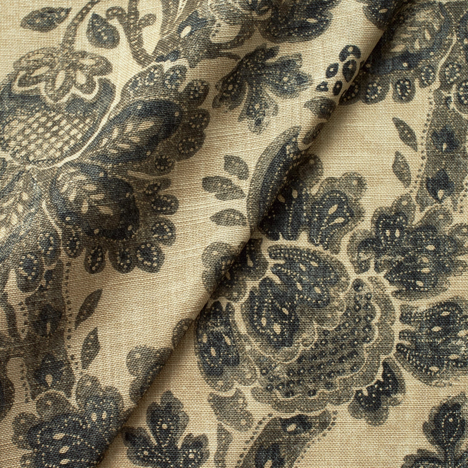 Fabric swatch of a beige and dark grey floral damask fabric for curtains and upholstery