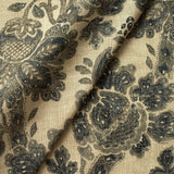 Fabric swatch of a beige and dark grey floral damask fabric for curtains and upholstery