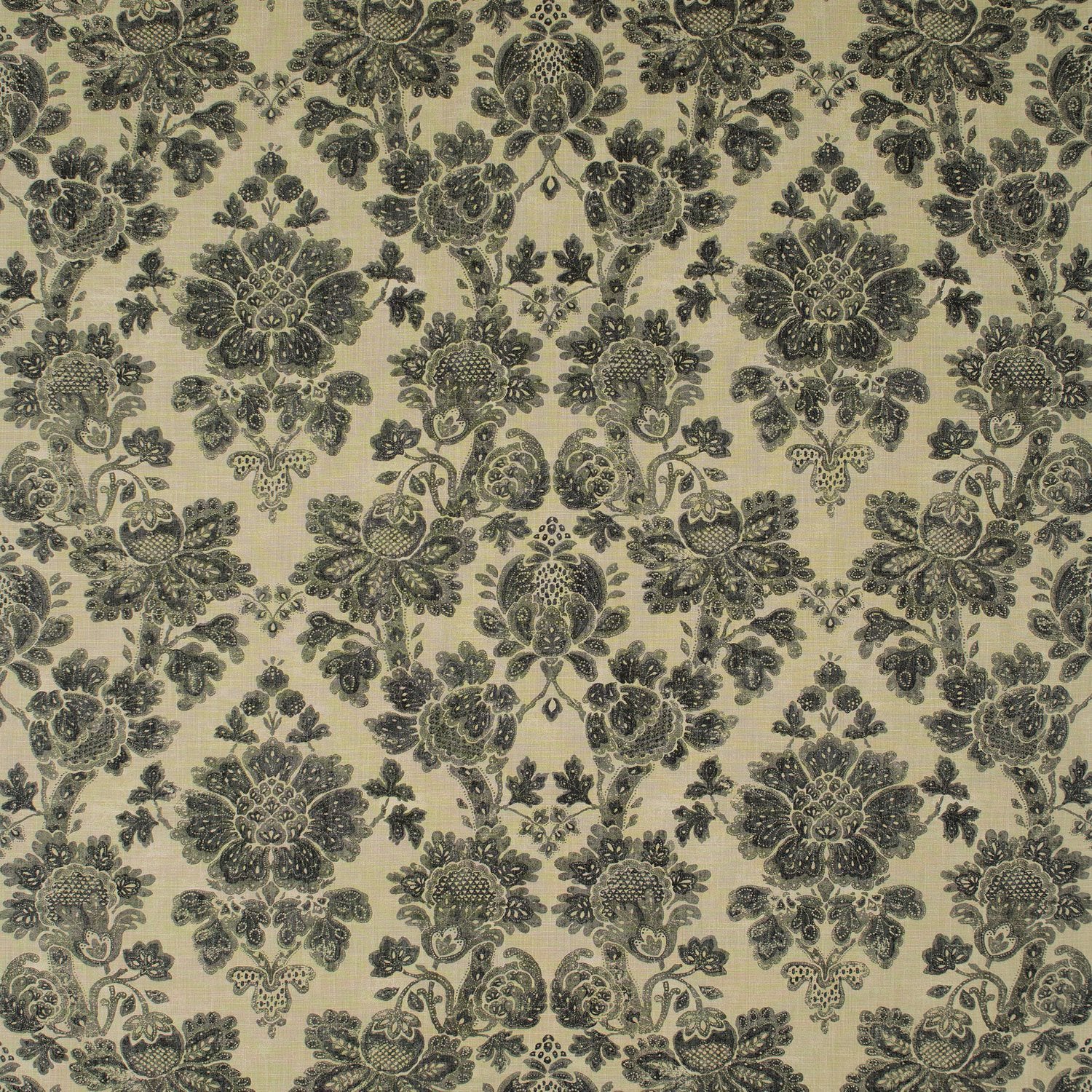 Fabric swatch of a beige and dark grey floral damask fabric for curtains and upholstery