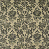 Fabric swatch of a beige and dark grey floral damask fabric for curtains and upholstery
