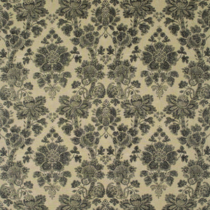 Fabric swatch of a beige and dark grey floral damask fabric for curtains and upholstery