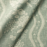 Fabric swatch of a duck egg coloured floral fabric with striped design for curtains and upholstery
