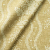 Fabric swatch of a yellow floral fabric with striped design for curtains and upholstery