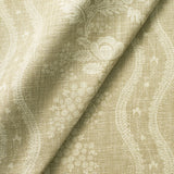 Fabric swatch of a beige floral fabric with striped design for curtains and upholstery