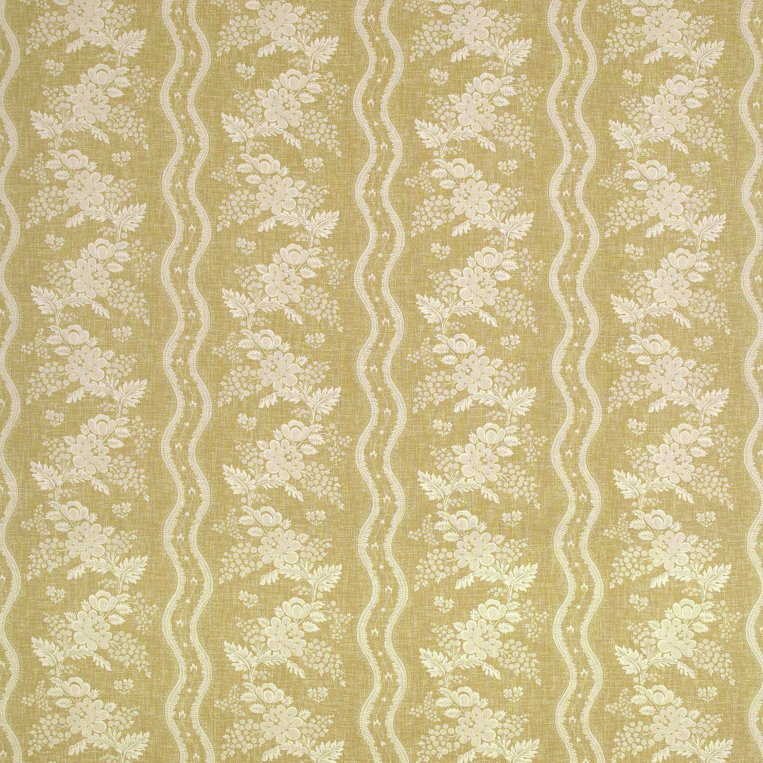 Fabric swatch of a yellow floral fabric with striped design for curtains and upholstery
