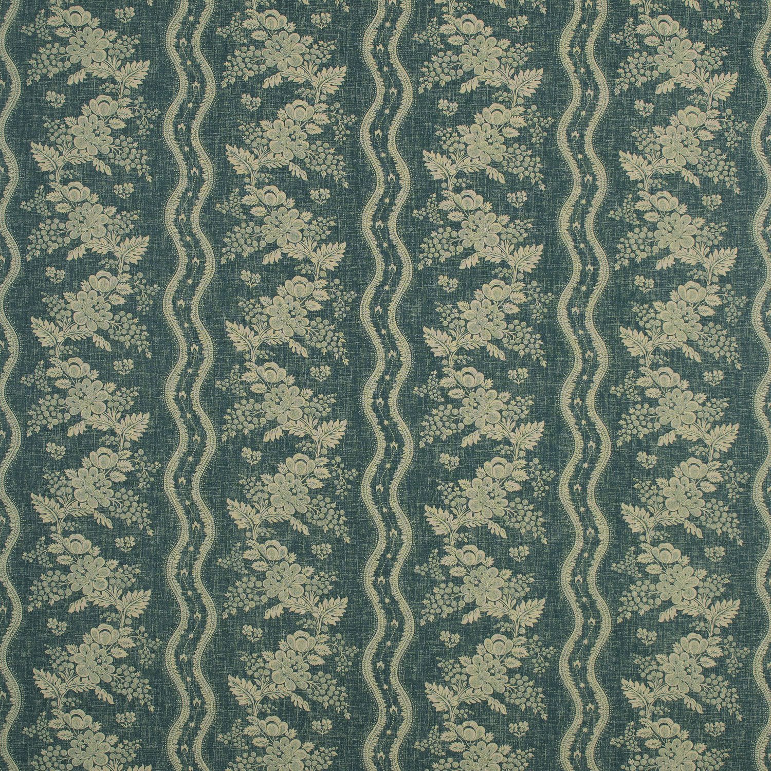 Fabric swatch of a navy floral fabric with striped design for curtains and upholstery