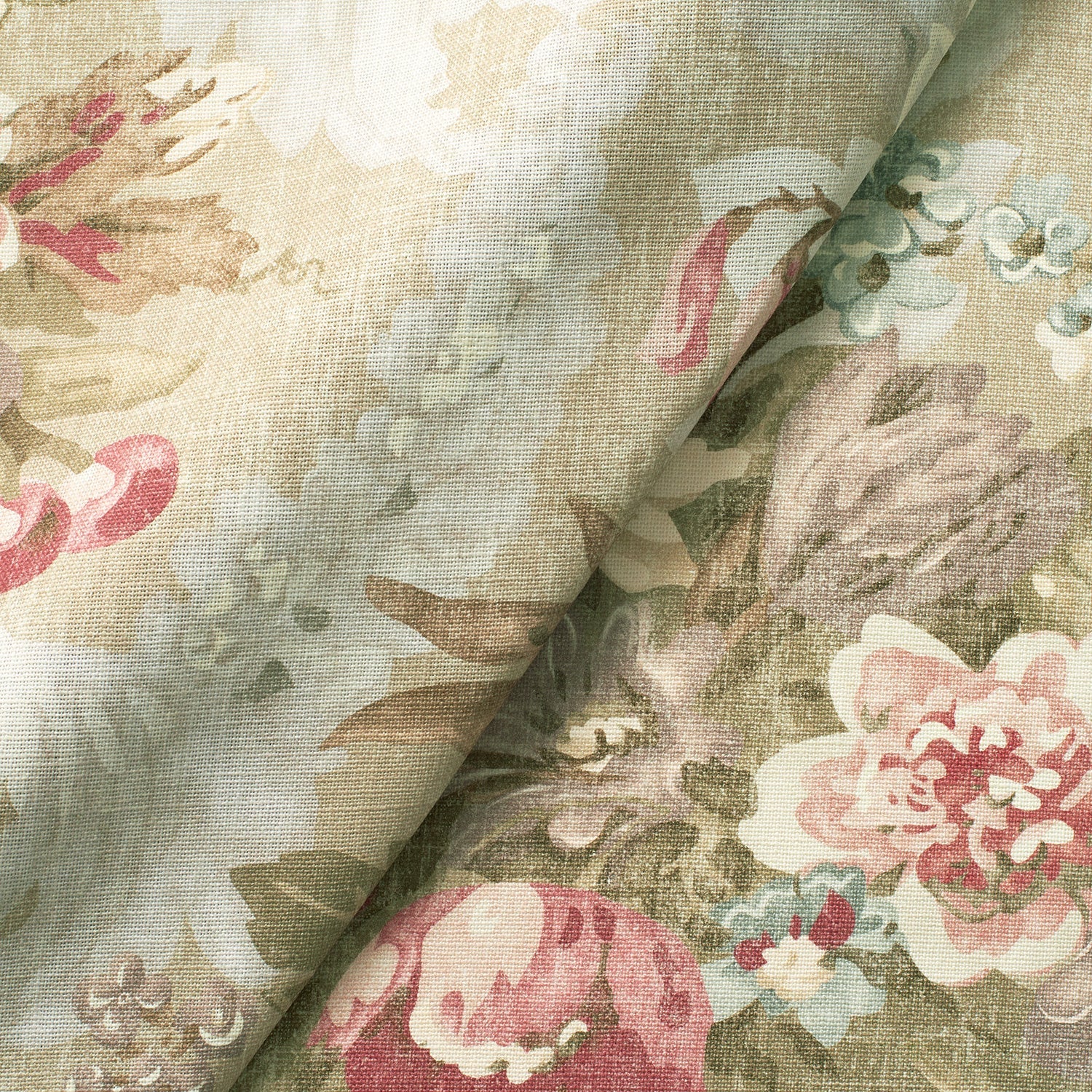 Fabric swatch of a green and pink floral bouquet design fabric for curtains and upholstery
