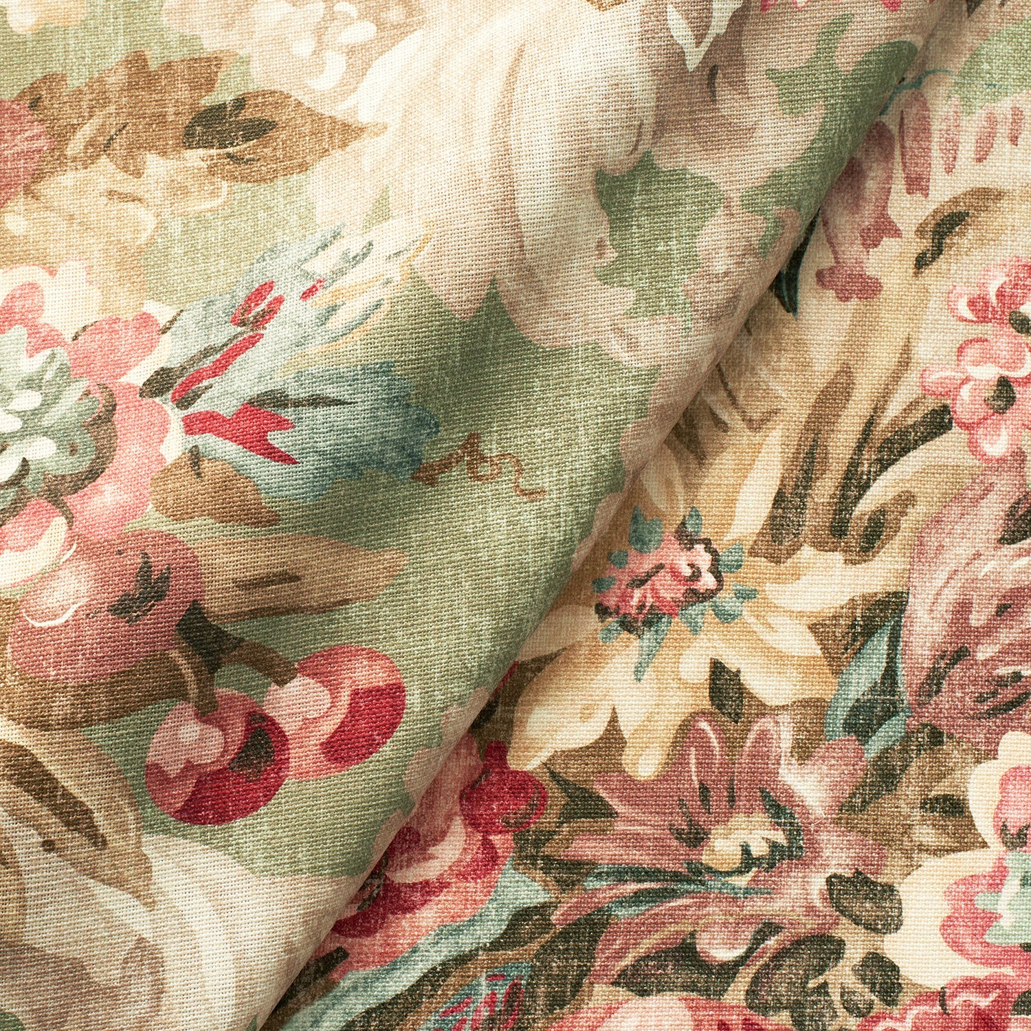 Fabric swatch of a green and pink floral bouquet design fabric for curtains and upholstery