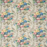 Fabric swatch of a multicoloured floral bouquet design fabric for curtains and upholstery