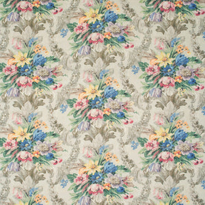 Fabric swatch of a multicoloured floral bouquet design fabric for curtains and upholstery