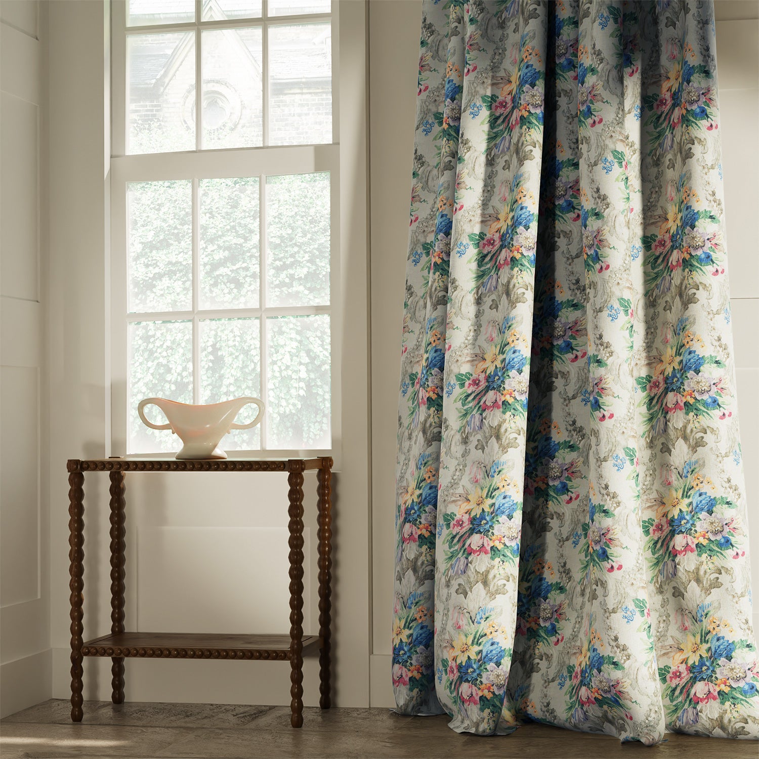 Curtains in a classic multicoloured floral bouquet fabric