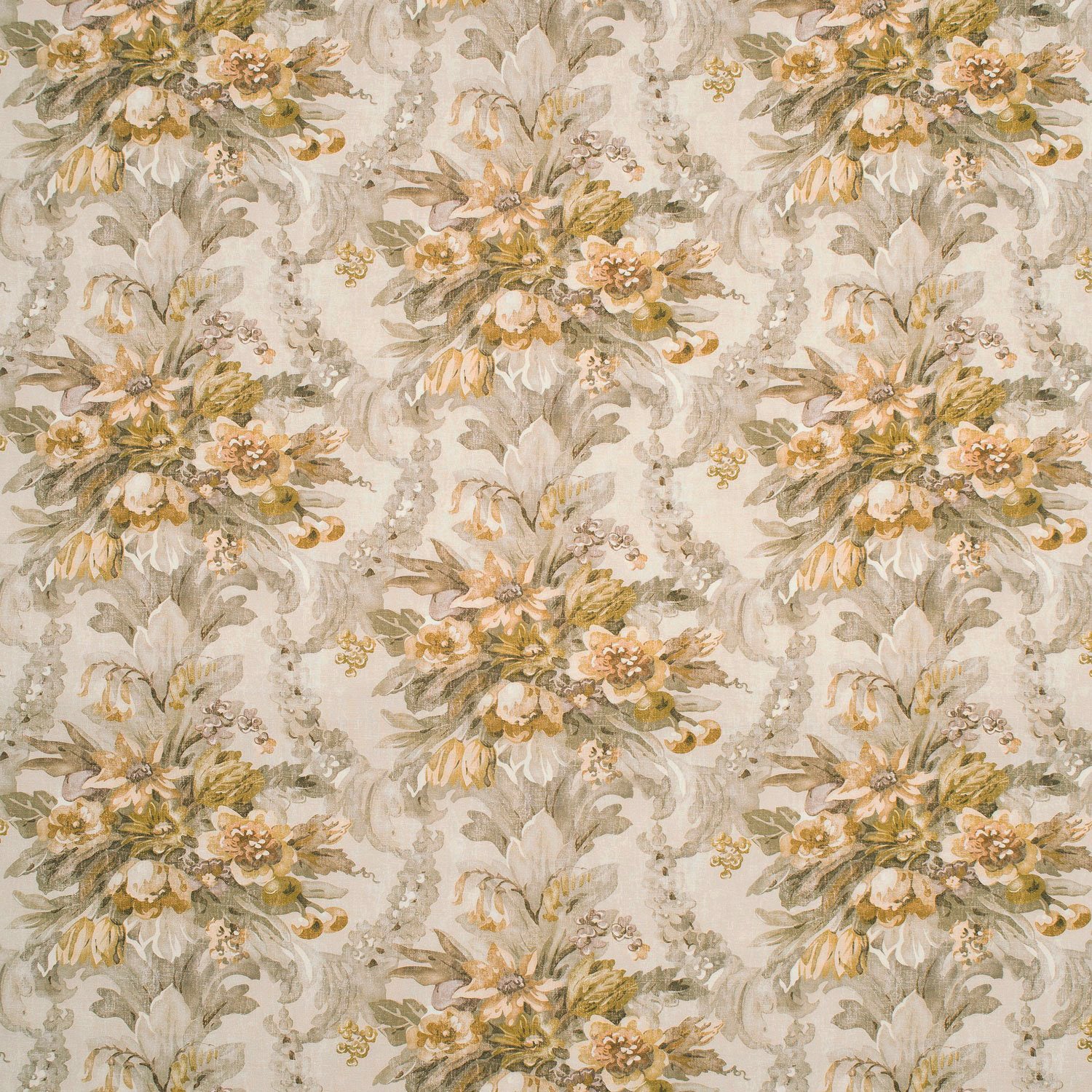 Fabric swatch of a neutral and yellow floral bouquet design fabric for curtains and upholstery