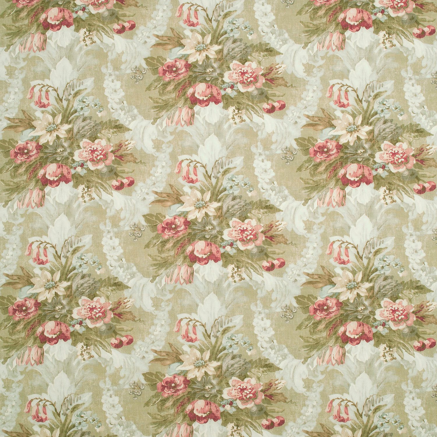 Fabric swatch of a green and pink floral bouquet design fabric for curtains and upholstery